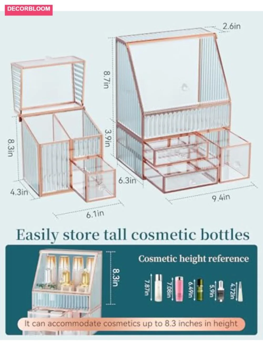 Glass Makeup Organizer - 3-in-1 Cosmetic Organizer - Vanity & Bathroom Organizer
